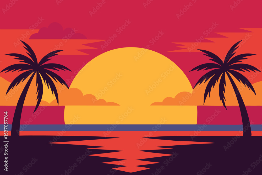 Fototapeta premium Colorful Sunset Silhouette Two Palm Trees Silhouetted Against a Vibrant Sky and Reflecting Water
