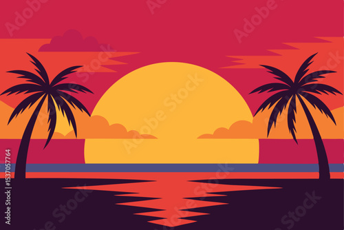 Colorful Sunset Silhouette Two Palm Trees Silhouetted Against a Vibrant Sky and Reflecting Water