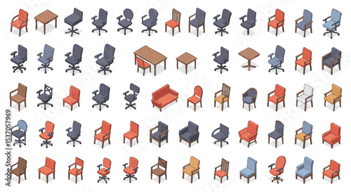 Isometric Collection of Diverse Office and Home Chairs, Tables, and Sofas Vector illustration Pack png Modern, Classic, and Contemporary Designs