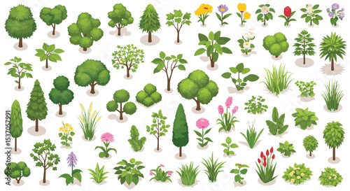 Isometric View Collection Vector illustration Pack png Lush Green Trees, Vibrant Flowers, and Ornamental Bushes for Landscaping Design