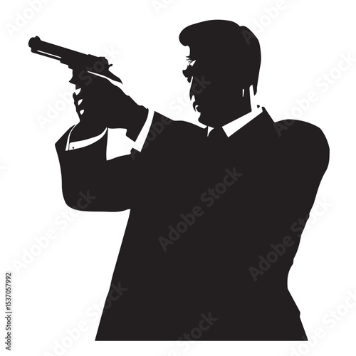 Silhouette of a man in a suit aiming a gun