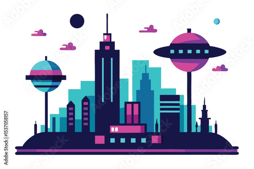 Futuristic Cityscape Illustration with Towers, UFOs, and Bright Color Palette