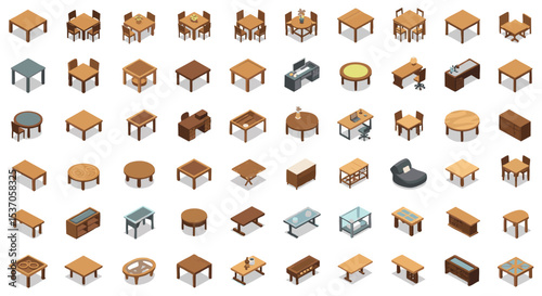 Isometric Wooden Tables Collection Vector illustration Pack png Dining, Office, Coffee, and Round Tables in Brown and Beige