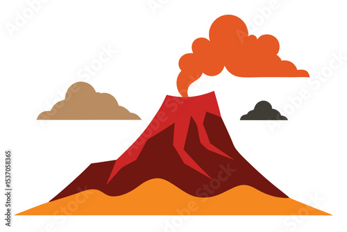 Illustrated Volcano Eruption with Orange Plume and Clouds on a White Background