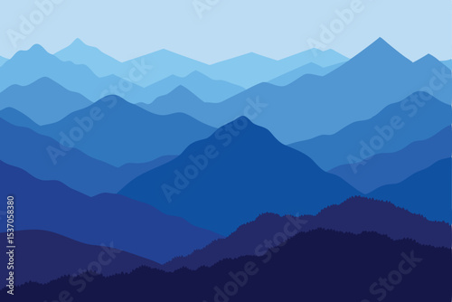 Illustration Layered Blue Mountain Landscape with Forest Silhouette in the Foreground