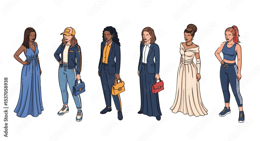 Fototapeta premium Diverse Women in Stylish Attire Vector illustration Pack png A Collection of Fashion Illustrations Featuring Blue, Yellow, Red, and Beige Outfits