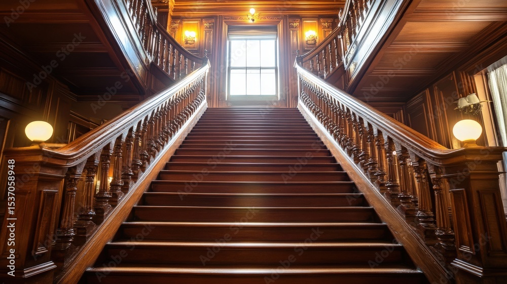Obraz premium Grand wooden staircase with elegant banister and warm lighting in an opulent interior space creates a captivating and timeless architectural scene for various design projects.