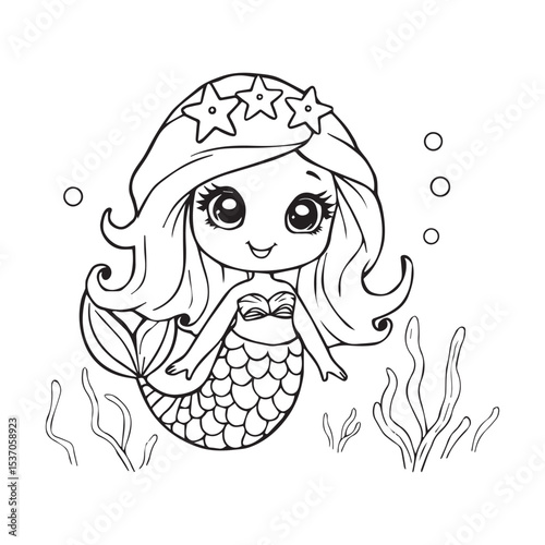 Chibi Mermaid with Star Crown in Underwater Scene Coloring Page Silhouette cute chibi mermaid star