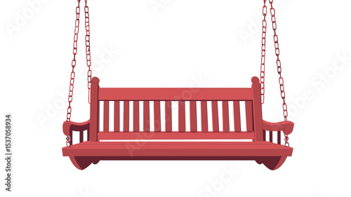 A front view of a red wooden hanging porch swing isolated on a white background. The swing has a rectangular seat with vertical slats, armrests, and is suspended by two metal chains.