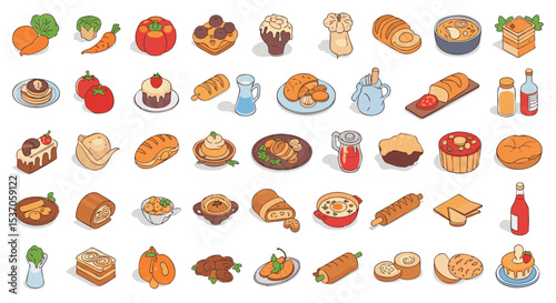Isometric View of Delicious Food and Baked Goods Vector illustration Pack png Cakes, Breads, Pastries, Soups, and Fresh Produce