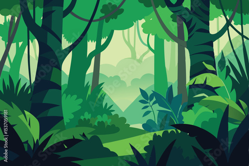 Lush Green Jungle Landscape with Dense Foliage and Tall Trees Graphic