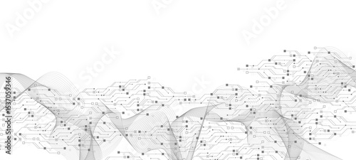 Artificial Intelligence or machine learning vector design. Quantum computer technology concept with circuit board and motherboard texture background design. Waves flow quantum explosion