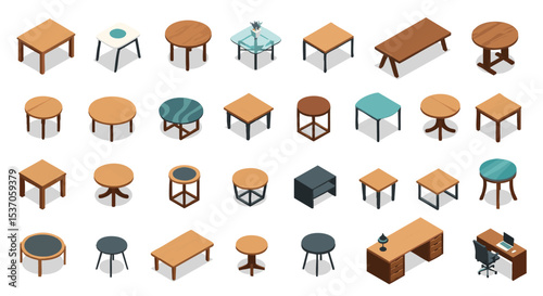 Isometric Collection of Diverse Wooden Tables, Desks, and Side Tables Vector illustration Pack png Modern, Rustic, and Minimalist Designs
