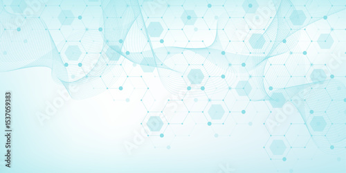 Modern health care or medical background design. Health care innovation concept. Horizontal header web banner. Abstract geometric background with hexagon shapes for medicine, science, chemistry.