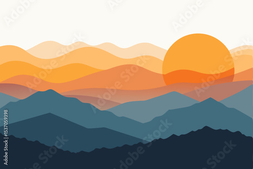 Minimalist Mountain Landscape Illustration with Warm Sun and Contrasting Gradient Colors