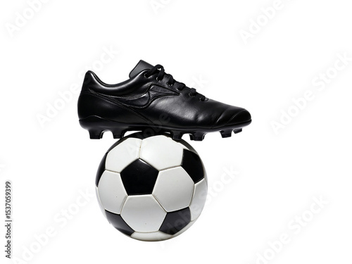Black soccer cleat on soccer ball isolated on transparent background