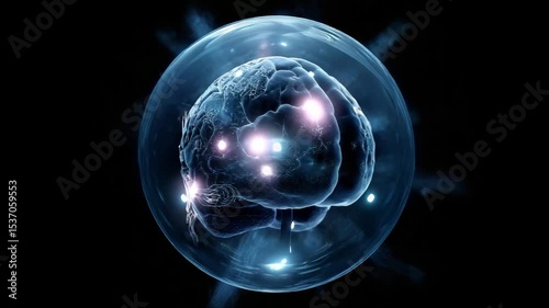 A stunning digital animation showing the human brain in a transparent glowing sphere representing intelligence consciousness and the mysteries of the mind.