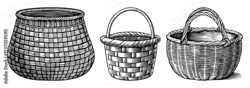 Vector Three woven baskets with distinct shapes and handles are presented in a vintage style.