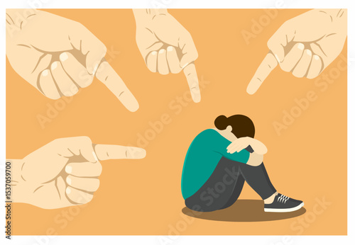 Hands of people point to the girl. Non-confident woman. Opinion and the pressure of society. Shame. Flat vector illustration.