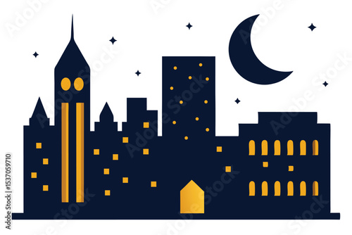 Nighttime Cityscape Silhouette with Crescent Moon and Sparkling Stars Illustration Design