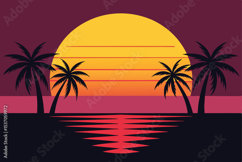 Retro Palm Trees at Sunset over Ocean Landscape Illustration
