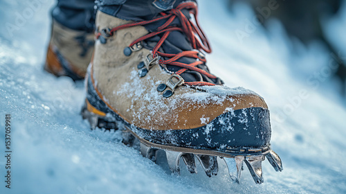 Worn mountaineering boot with crampons on snowy surface