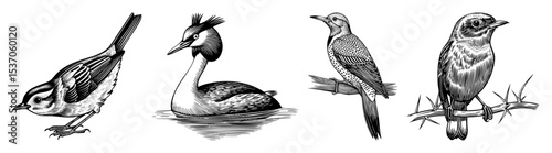 Vector Four detailed illustrations depict a sparrow grebe woodpecker and songbird.
