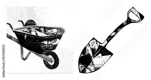Vector Gardening Tools with Wheelbarrow and Shovel