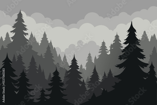 Silhouette Landscape Evergreen Trees in Varying Shades of Gray with Cloud Covered Sky