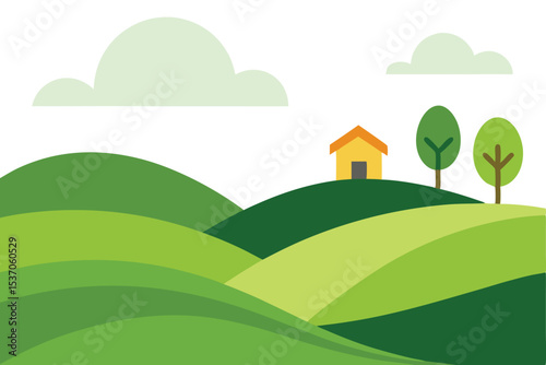 Simple Landscape Illustration Rolling Green Hills, House, Trees, and Clouds in Flat Design