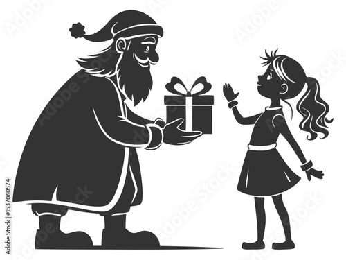The silhouette of Santa Claus gives a gift to the girl. Vector illustration