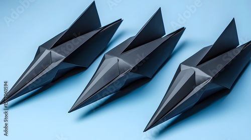 Three Black Origami Rockets on Blue Background