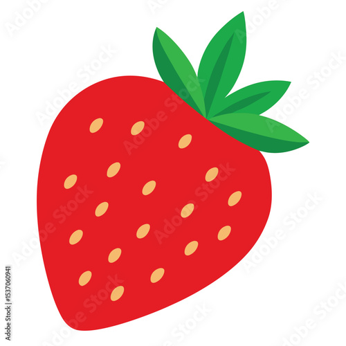Single Red Strawberry with Green Leaves and Seeds on a White Background