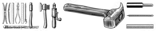 Vector Vintage dental instruments and prosthetic components .
