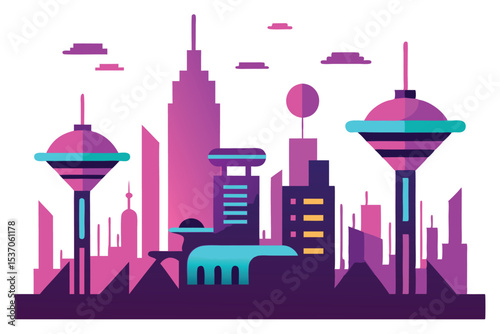 Stylized Cityscape Illustration with Towers, Skyscrapers and Clouds in Shades of Pink, Purple and Cyan