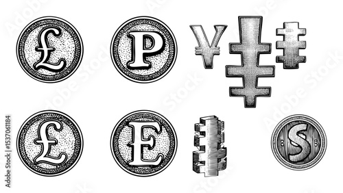 Vector Collection of vintage currency symbols and typographic designs.