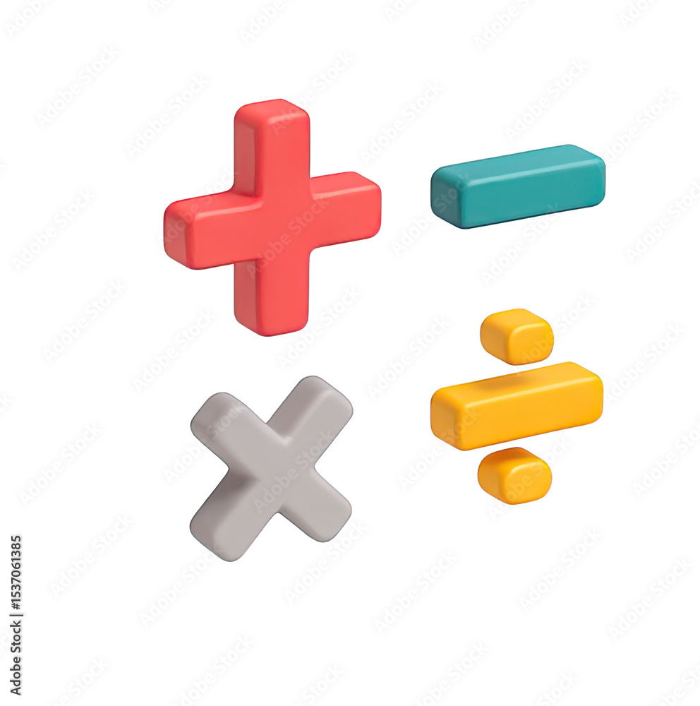 Obraz premium A colorful 3D rendering of a plus sign, a minus sign, and a division symbol, set against a transparent background