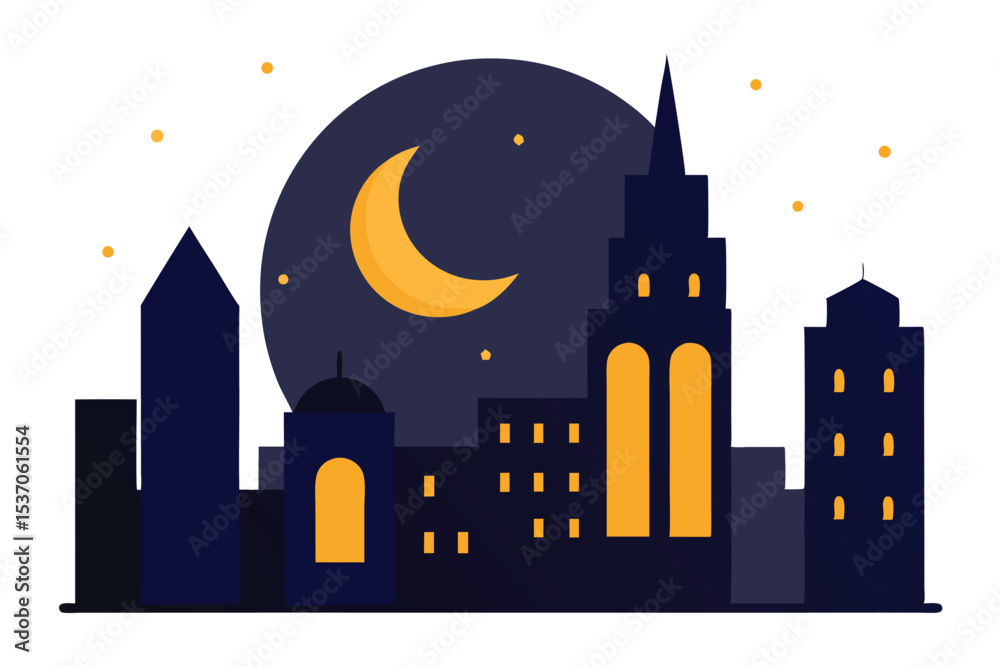 Stylized Night Cityscape with Moon and Stars Silhouette Illustration Art
