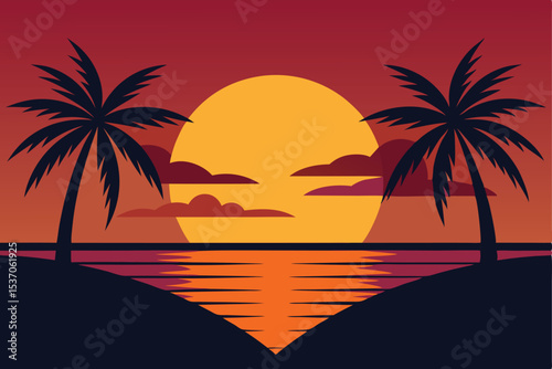 Sunset Illustration with Palm Trees Silhouettes Reflecting on the Ocean Surface