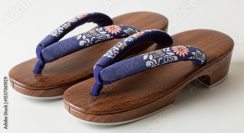 Traditional Japanese geta sandals made from wood and fabric, isolated on white background. Generative AI