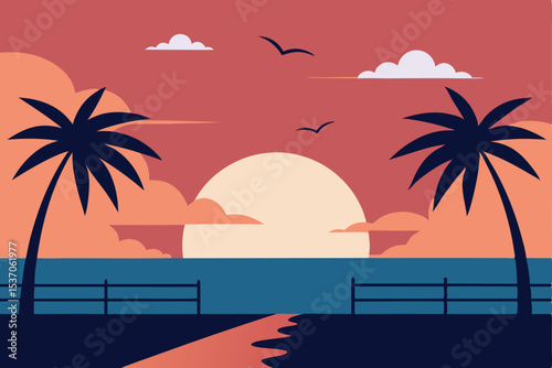 Sunset Beach with Palm Trees, Birds and Ocean View Illustration