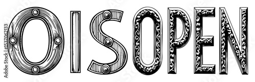 Vector Ornate typographic spells out the word OPEN.
