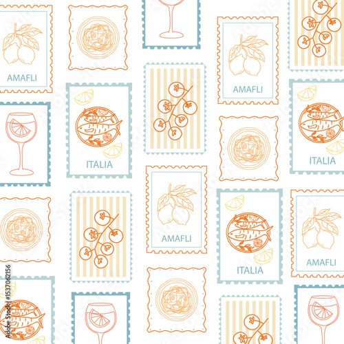 Seamless pattern with hand drawn Italian food and Amalfi lemon postcards. Mediterranean summer illustration with pasta, fish, tomatoes, and lemon in vintage stamp frames. Coastal Italia travel print.