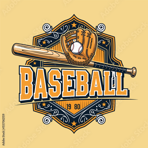 A retro baseball emblem displays a leather glove holding a ball beside a wooden bat. The vibrant design showcases a classic appeal with a yellow background.