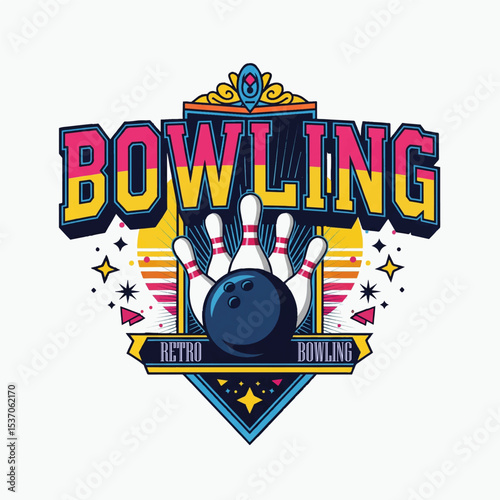 Retro bowling graphic design featuring a bowling ball and pins with vibrant colors and a playful style