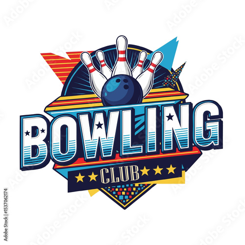 Retro bowling graphic design featuring a bowling ball and pins with vibrant colors and a playful style