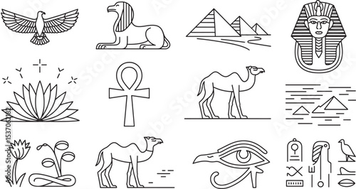 Iconic Ancient Egyptian Culture Line Icons with Famous Landmarks and Symbols.