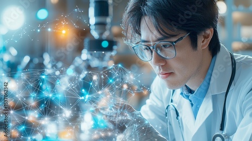 Innovative scientist analyzes data laboratory environment digital research focus on technology close-up view advancing medical science