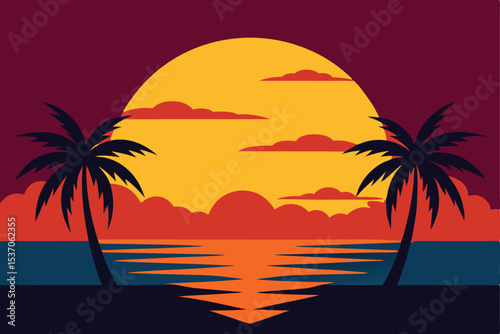 Tropical Sunset Silhouette Palm Trees Reflecting Sunlight on Water in Art