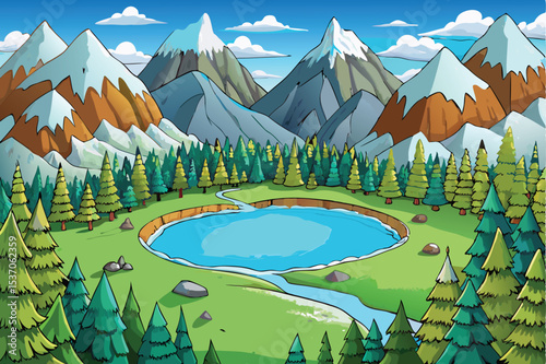 Vibrant cartoon illustration of a summer mountain landscape with a serene lake, lush green trees, and a clear blue sky